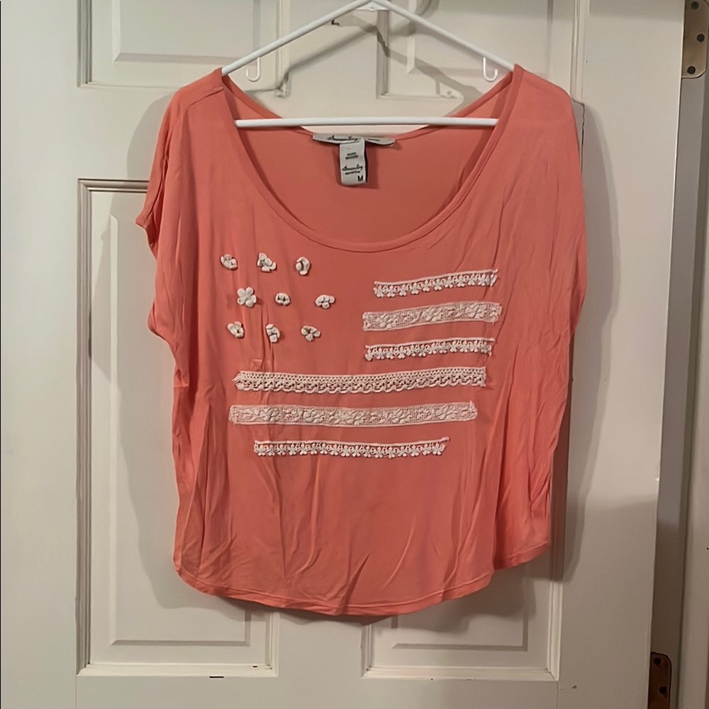 American Rag Pink Lace-Detail Short Sleeve Top